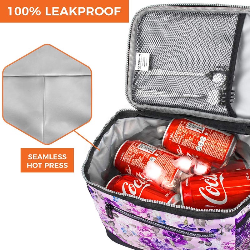 opux Insulated Lunch Box Men Women, Lunch Bag for Work School, Leakproof Soft Cooler Tote Adult, Large Lunch Pail Kids Boys Girls, Picnic Beach Food Bag with Shoulder Strap, Purple Floral - Image 5